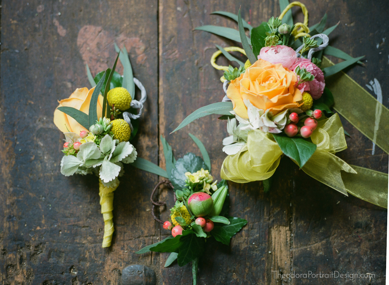  wedding boutonnieres and corsages on a perfectly aged rustic workbench  www.TheodoraPortraitDesign.com  