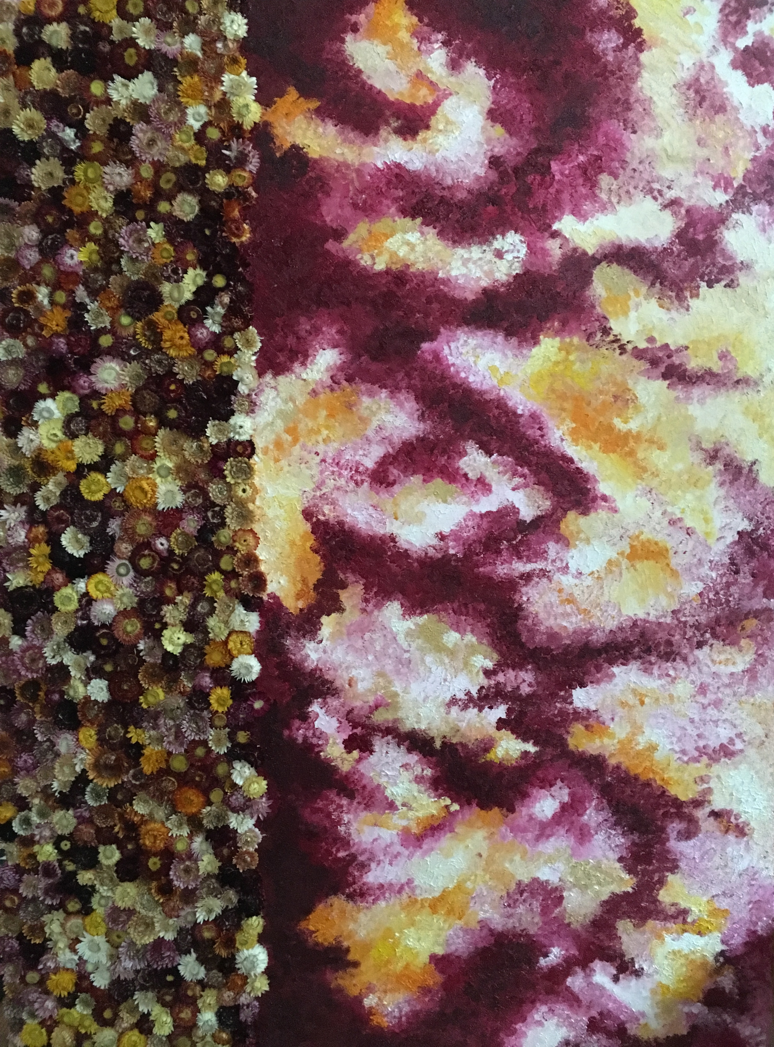  36 x 48"  Oil on Canvas; Thick Pointillism, dried, then layered. &nbsp;Homegrown dried flowers   SOLD  