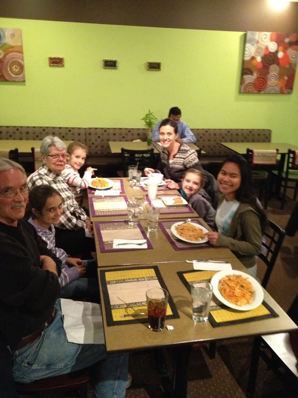 Here's our family plus a grandma and a grandpa eating at a local Thai restaurant in honor of Gotcha Day. 