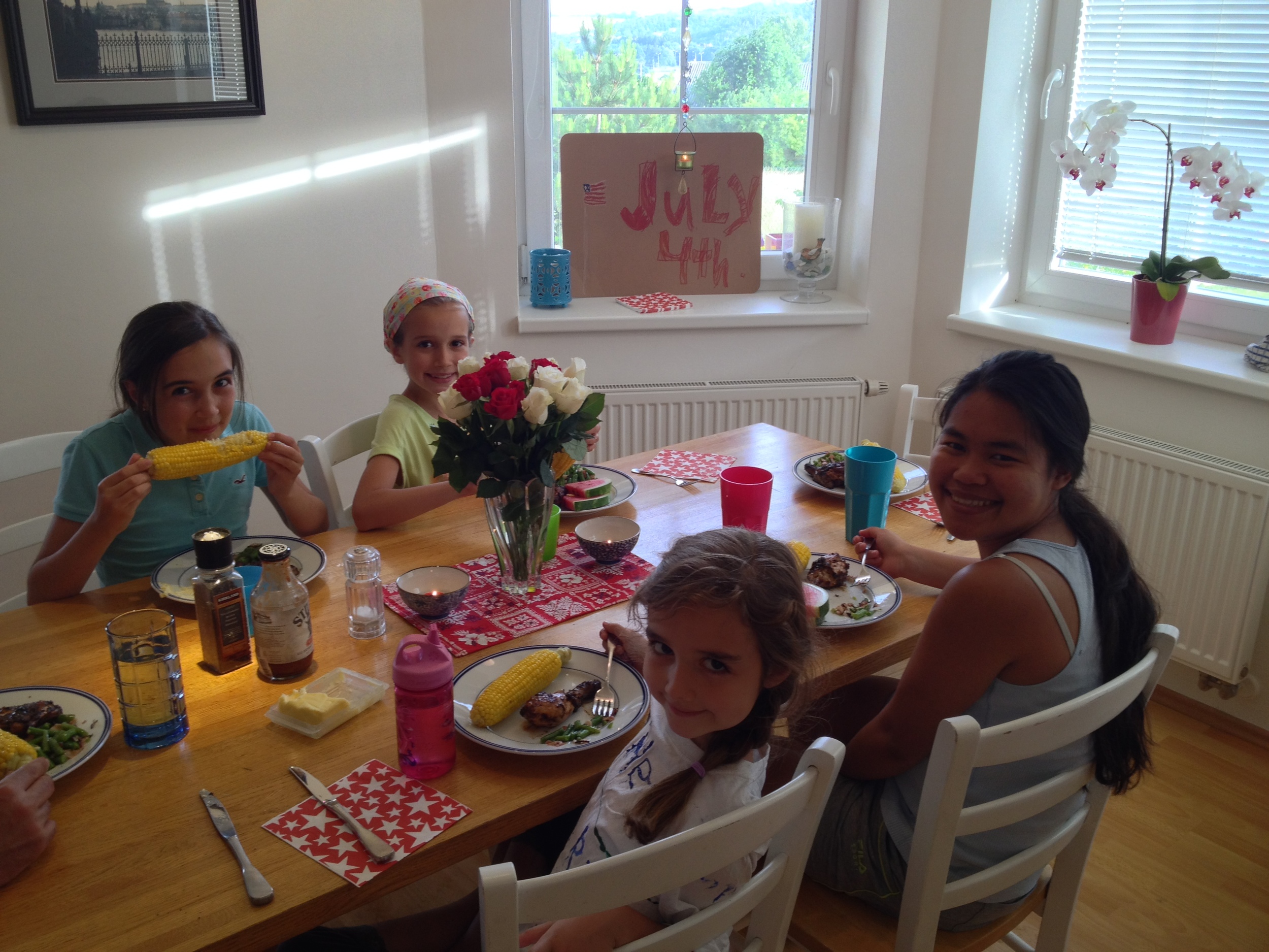 Thank God for these girls. Hannah's homemade decor is in the background. Today she asked Mark who invented July 4th. Guess I should do some homeschooling this summer. 