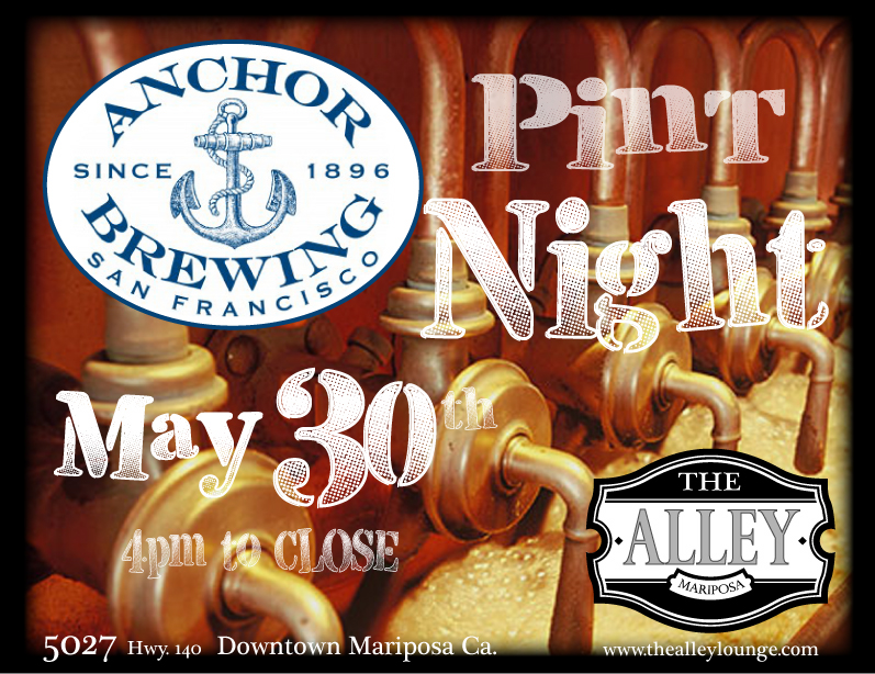 The Alley Will be hosting a tap-takeover and pint night with Anchor Brewing May 30th! Your first beer includes a logo pint glass. There will be Games and prizes!!! See ya'll then....