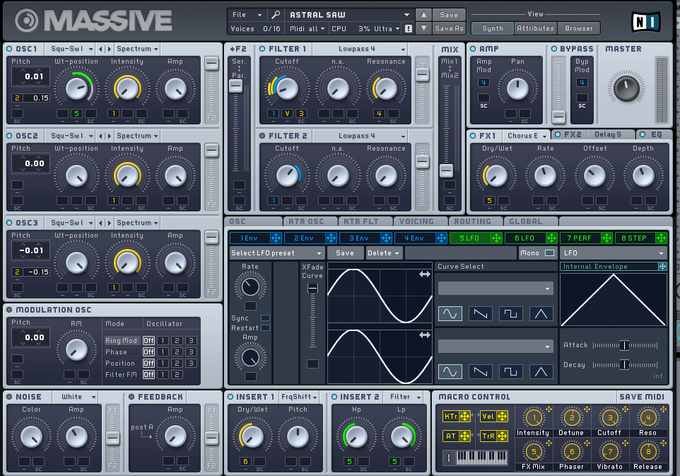 In this example, LFO 5 is being used to control the Wavetable positions of OSC 1 and the HP and LP knobs on Insert FX 2.