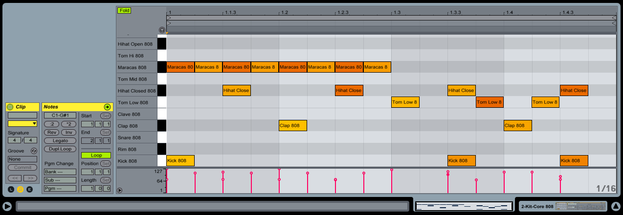 Velocity is used in this drum beat to accent the off-beats and give a syncopated feel to the beat. 