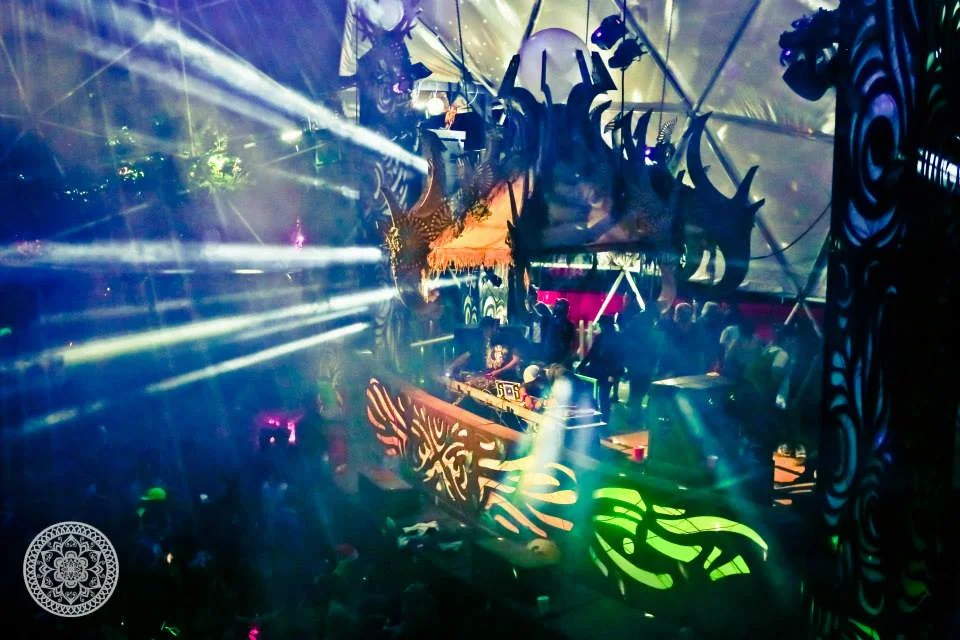 The Village Stage at Shambhala Music Festival is designed by Paul Magnuson. The projections and mapping are controlled with Resolume. Photo Credit: Alliekat Photography