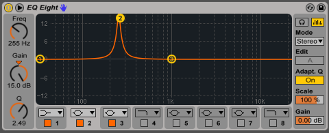 Sweep the narrow boost from low to high frequency across the spectrum.