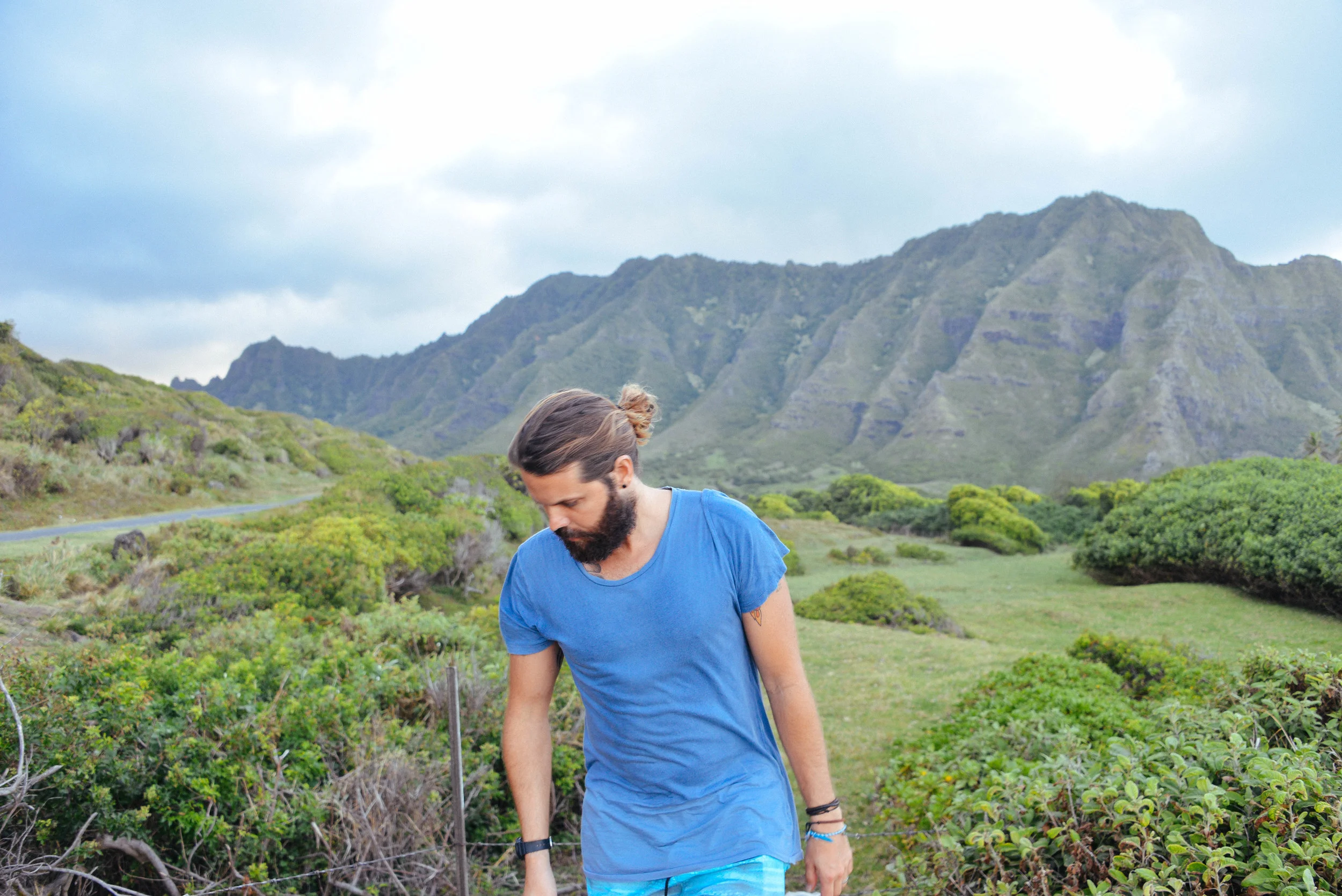 Jonny infront of Ahupura'a O Kahana State Park, Oahu, where they filmed Jurassic Park.