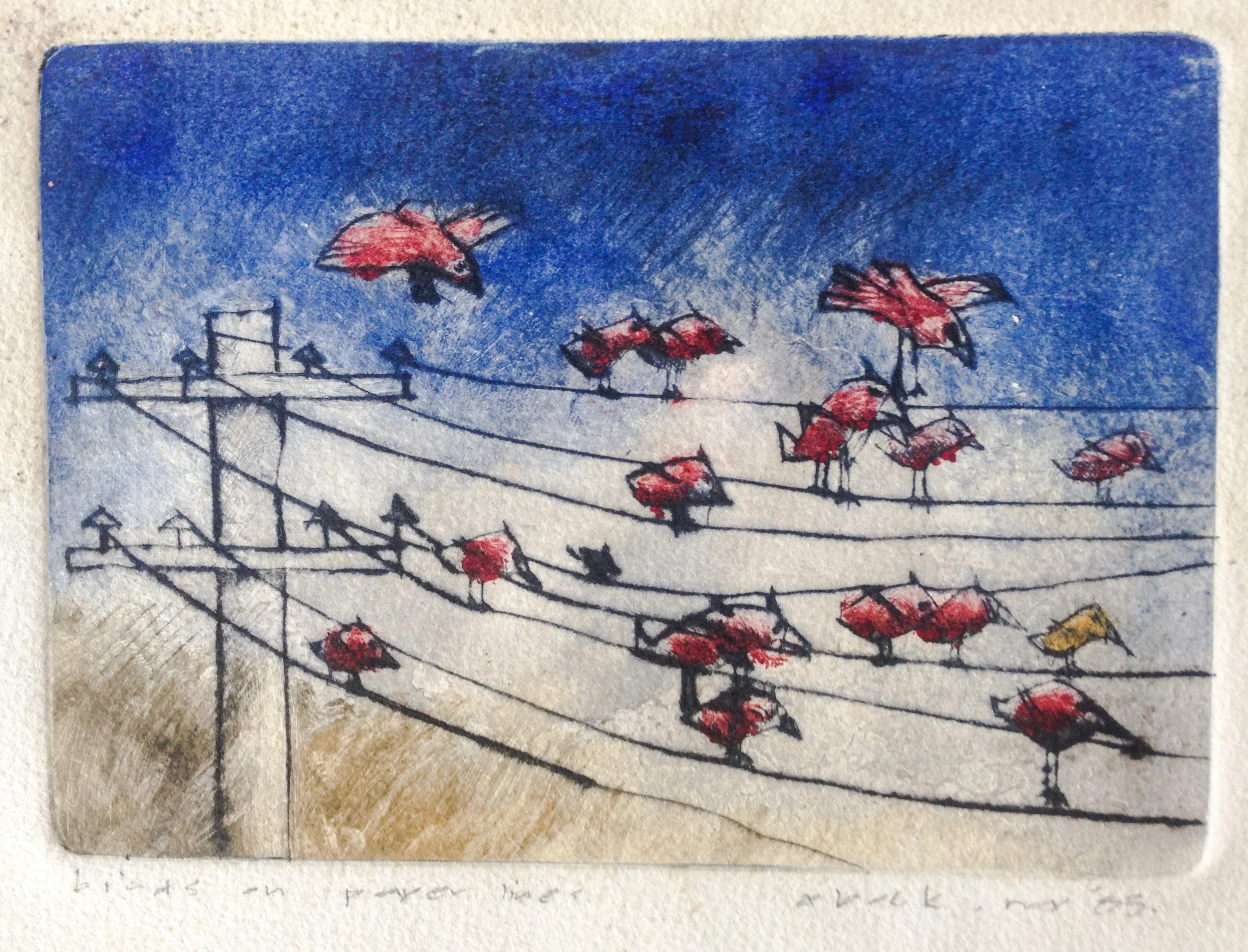  Brass plate dry point etching, hand coloured on the plate using oil paints- 1983, QIT School of Architecture 