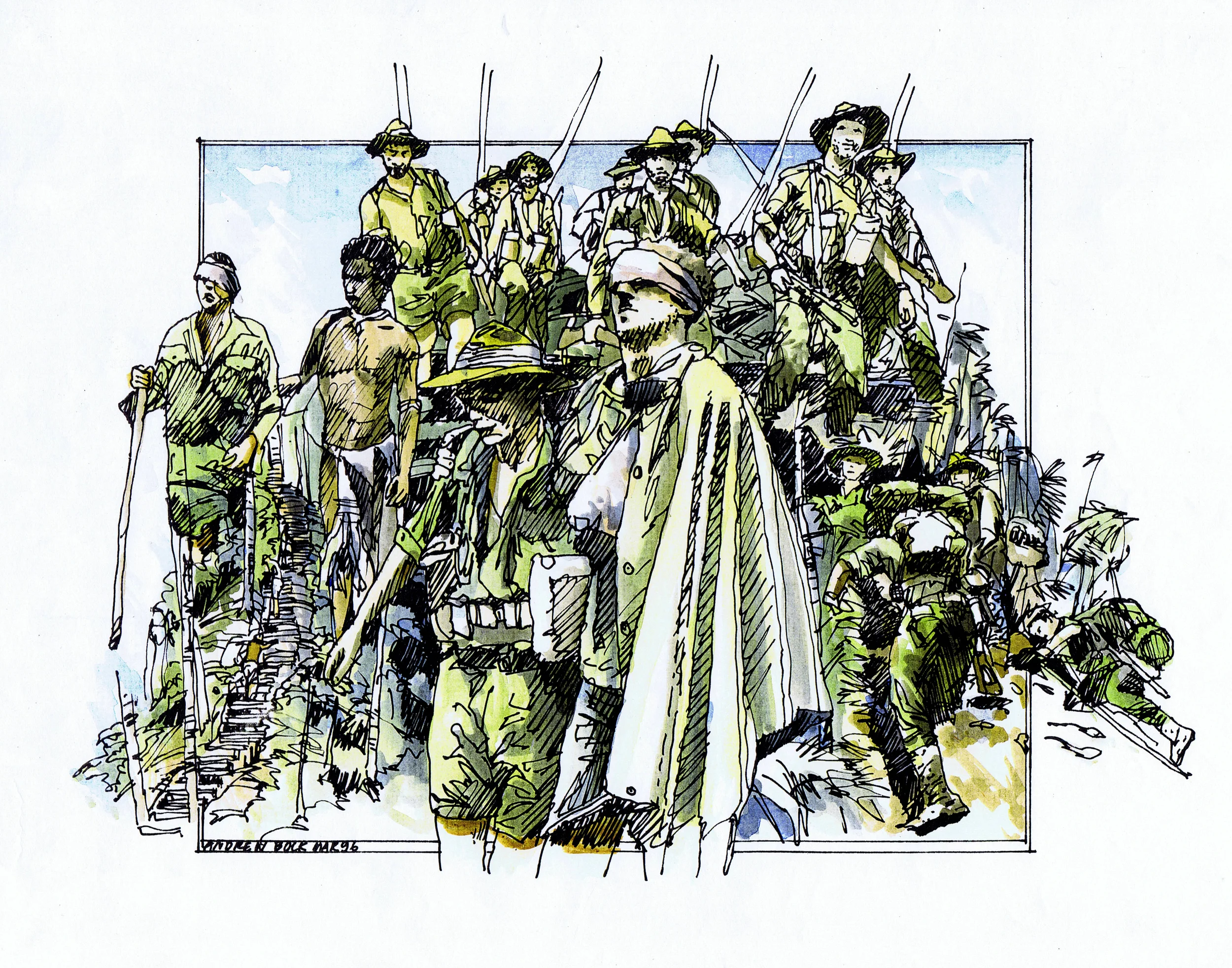 Illustration prepared for the Australian War Memorial Canberra, 1996 for official publication. Finepoint pen and watercolour.