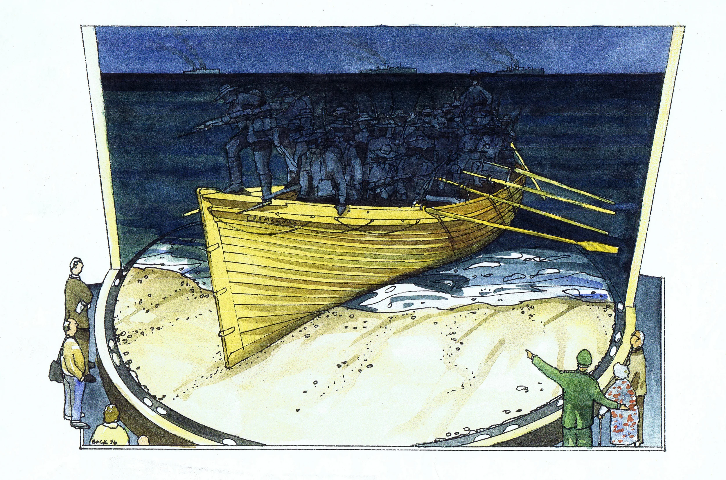 Design of display of items from the collection and Illustration prepared for the Australian War Memorial Canberra, 1996 for official publication. Finepoint pen and watercolour.