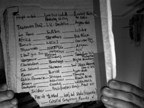 A handwritten list on a piece of paper, listing various names and terms for an early radio show on FeileFM.