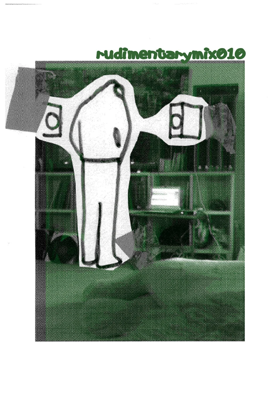 A handwritten drawing of a person's body parts, with text 'nudi mentary mix 010' in green at the top, placed in front of a bookshelf with various objects and books.