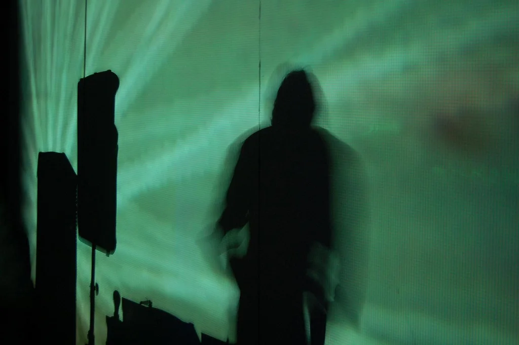 A person standing in front of a green-lit digital screen or projection, casting a shadow silhouette.