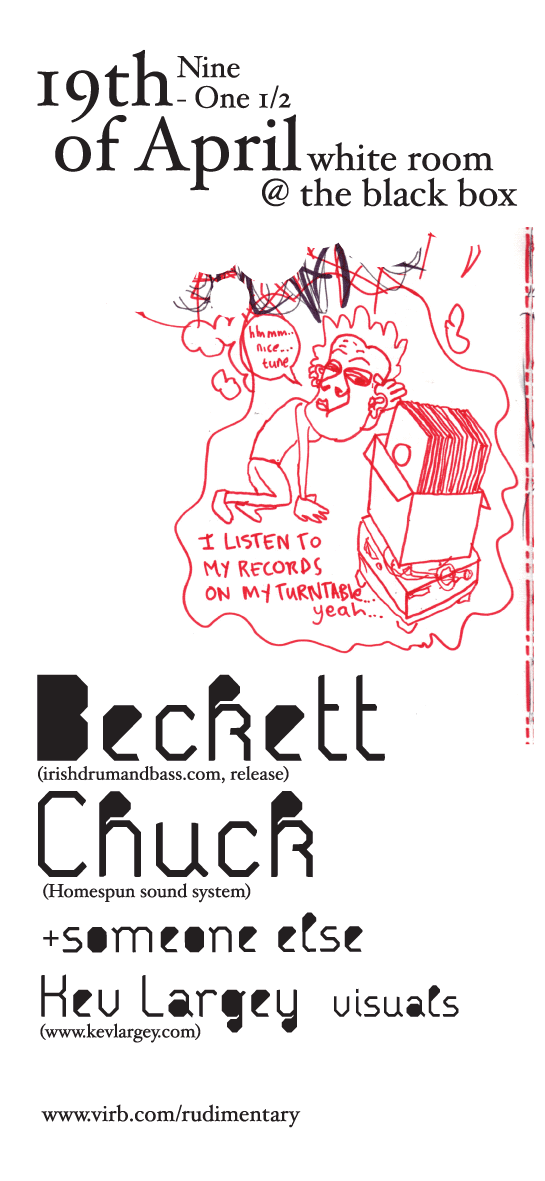Hand-drawn illustration of a person listening to records on a turntable, with speech bubble saying 'hmmm... nice... tune', and text 'I listen to my records on my turntable yeah'.