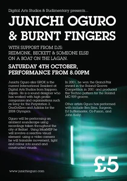 Event poster for Junichi Oguro & Burnt Fingers live performance on October 4th at 8:00 PM, with information about the artist, supporting DJs, and event details.