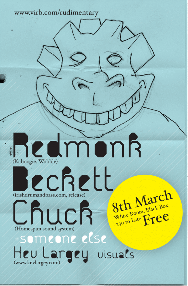 Hand-drawn sketch of a smiling anthropomorphic reptilian character with spiky head and large teeth, superimposed over a promotional poster for an event on March 8th featuring Redmonk Berrett, Key Largey, and others, with event details in a yellow cir