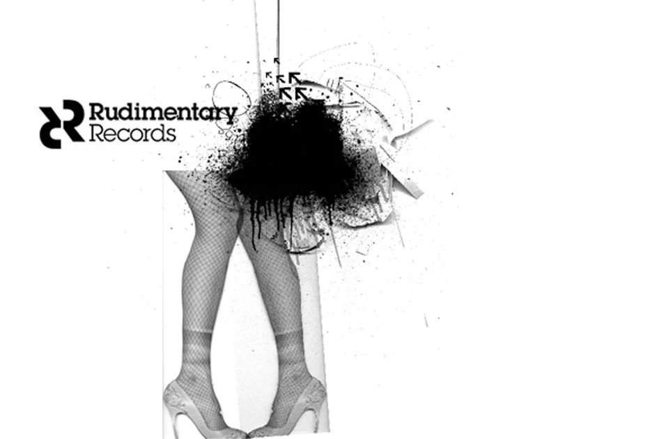 Abstract artwork featuring fishnet stockings, high heels, and a black ink splatter with graphic elements and text 'Rudimentary Records'.