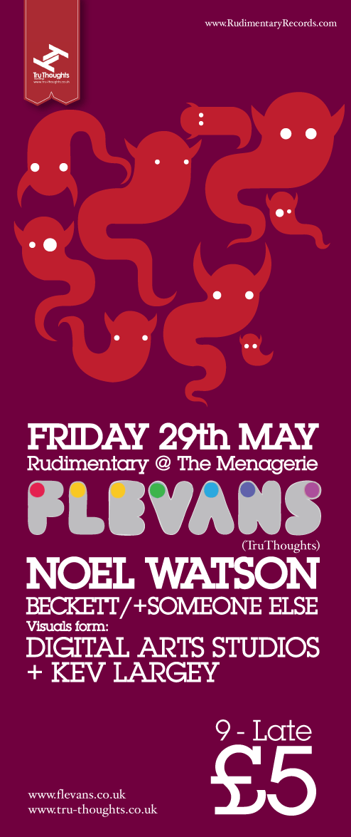 Event poster showing stylized red octopus-like creatures with white eyes on a dark purple background. The poster advertises a music event featuring Flevans and Noel Watson at Rudimentary Records, happening on Friday, May 29th, from 9 late, with an en