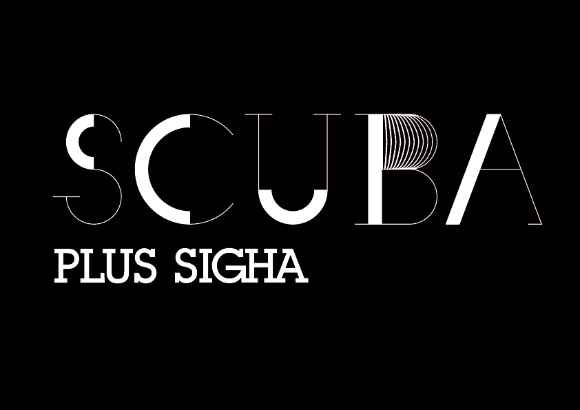 Stylized black and white graphic with the word 'SCUBA' and the phrase 'PLUS SIGHA' beneath it.