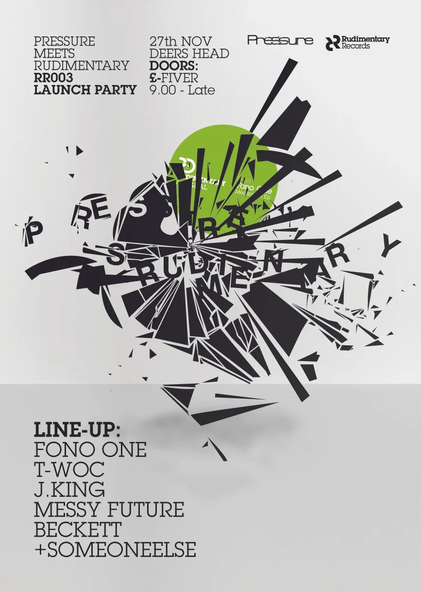 Event poster for Pressure meets Rudimentary Records featuring a collage-style graphic with black and green abstract shapes and text, including date, location, and lineup of musical artists.