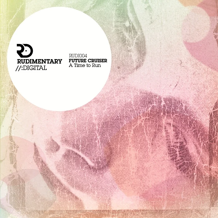 Abstract album cover with a textured, pastel-colored background and a large white circle containing text related to electronic music.