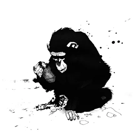 Black and white illustration of a gorilla with a small bird on its shoulder, sitting on the ground.