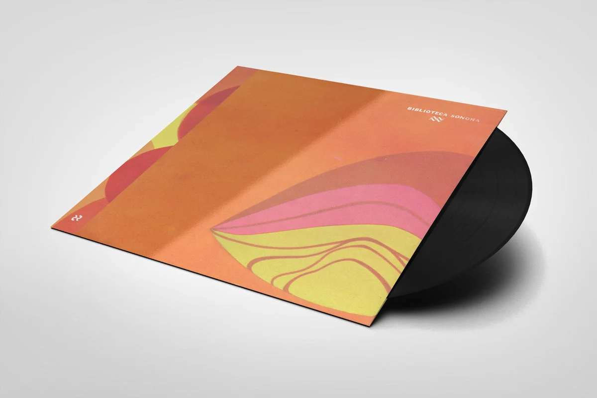 A vinyl record partially inside a colorful, abstract album cover on a plain gray background.