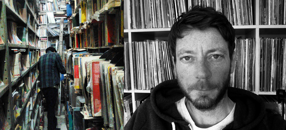 A man with dark hair and a beard takes a selfie in front of a shelving unit filled with vinyl records, with a separate image of a person browsing books on shelves in a bookstore.