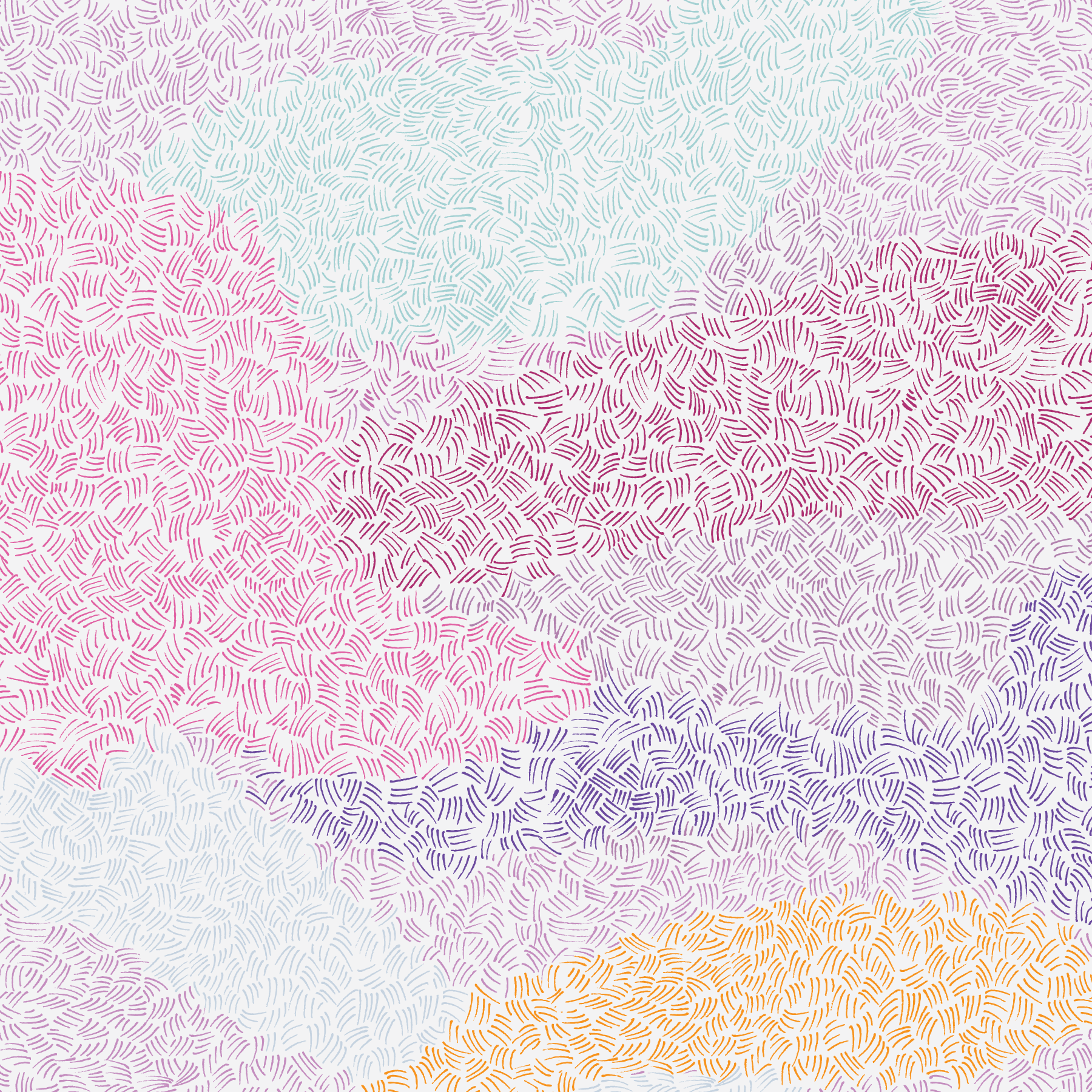 Colorful abstract pattern composed of curved dashed lines forming cloud-like shapes in pastel shades of pink, blue, purple, orange, and lavender.
