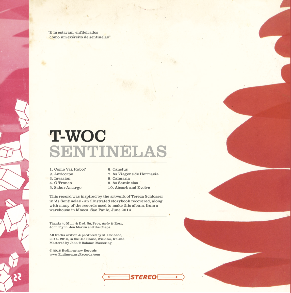 Album cover with abstract red and pink shapes, featuring a tracklist and artistic artwork, titled 'T-WOC SENTINELAS'. Taken from a storybook inspired by Tereza Schlosser's artwork.