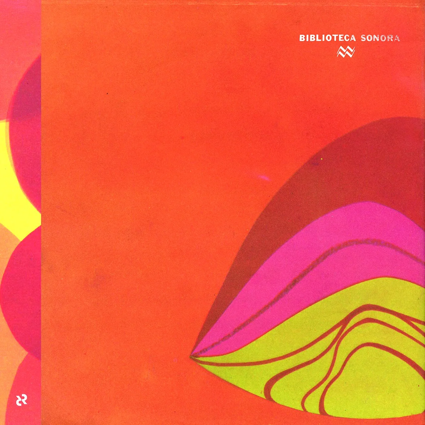 Red background with abstract graphic design featuring curved shapes in pink, yellow, and brown, and text that reads 'Biblioteca Sonora' in white at the top right corner.