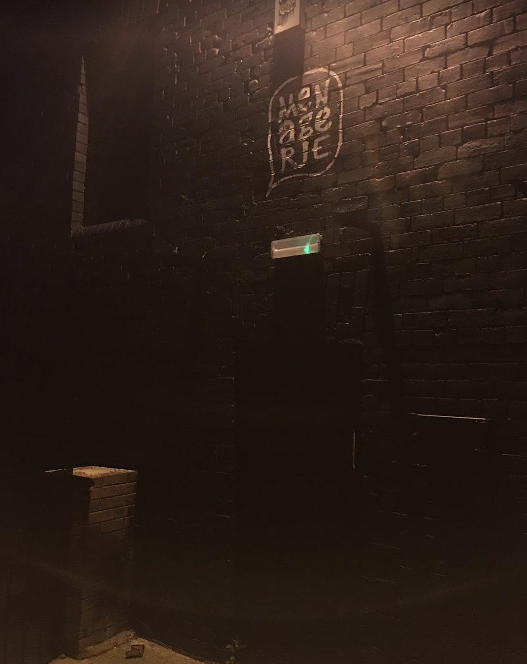Dimly lit brick wall with a painted speech bubble containing the words 'WASN'T RIDE' and some rectangular objects attached to the wall.