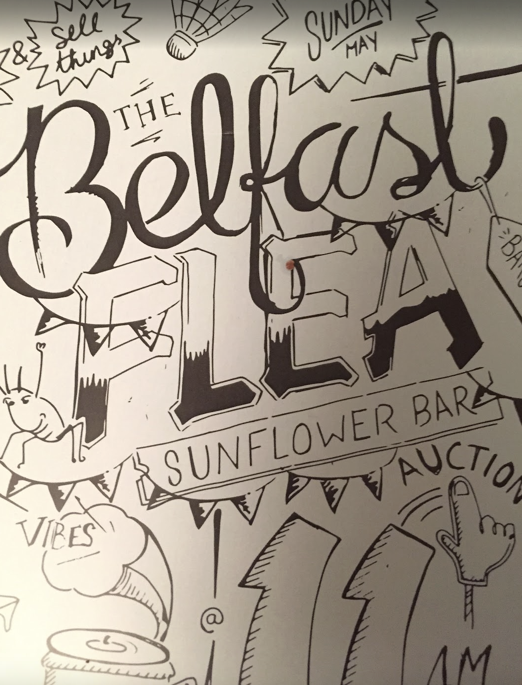Hand-drawn poster promoting a sale event called 'The Bellad Sale' at a sunflower bar, featuring doodles of a tennis racket, a smiling face, a hand with a pointing finger, and various decorative elements.
