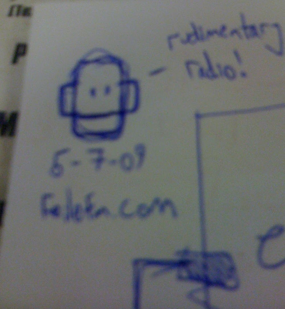 Hand-drawn diagram of a person's head with headphones, with handwritten notes in blue ink, including date '6-7-09' and the phrase 'picture comment'.