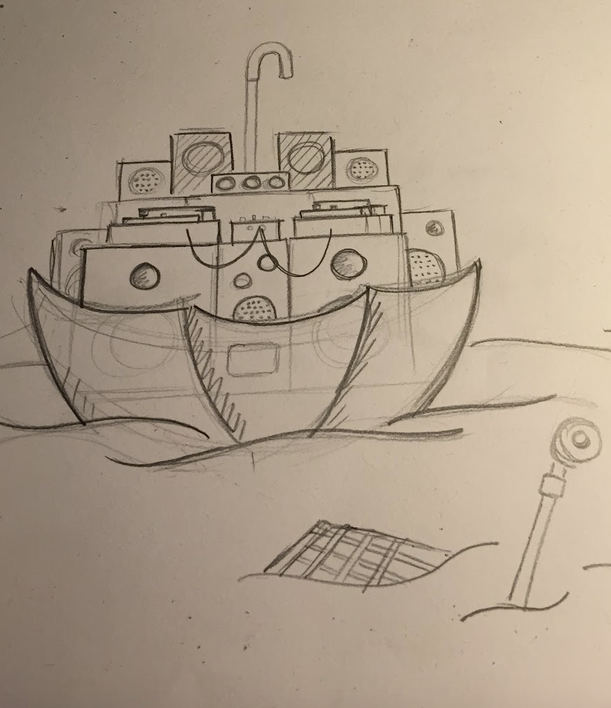 A rough pencil sketch of a ship with a modern design, featuring various circular details on the front and sides. The ship appears to be in water, with waves drawn at the bottom and a oversize ship lamp on a pole in the foreground.