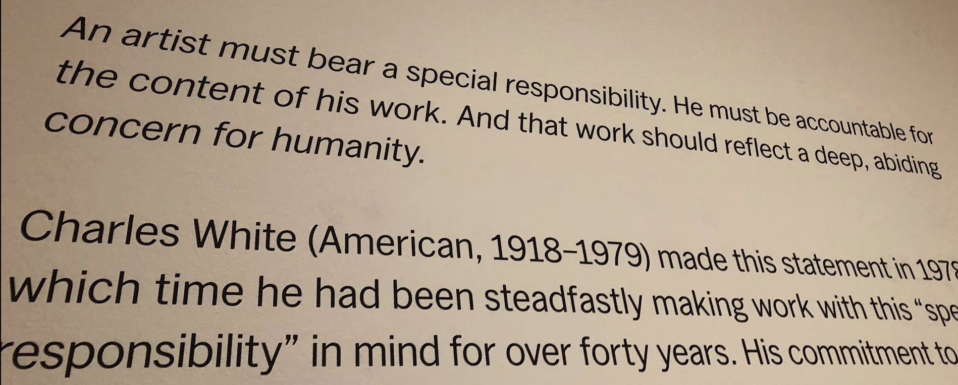 A page of printed text discussing the responsibilities of an artist, mentioning Charles White, an American artist born in 1918 and died in 1979.