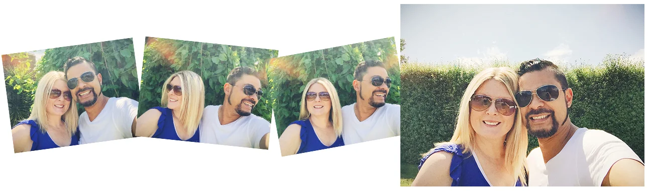 We couldn't decide on a final portrait of us, so we included all&nbsp;of them...the final is on front of our neighbours awesome hedge. Luckily we have great neighbours.