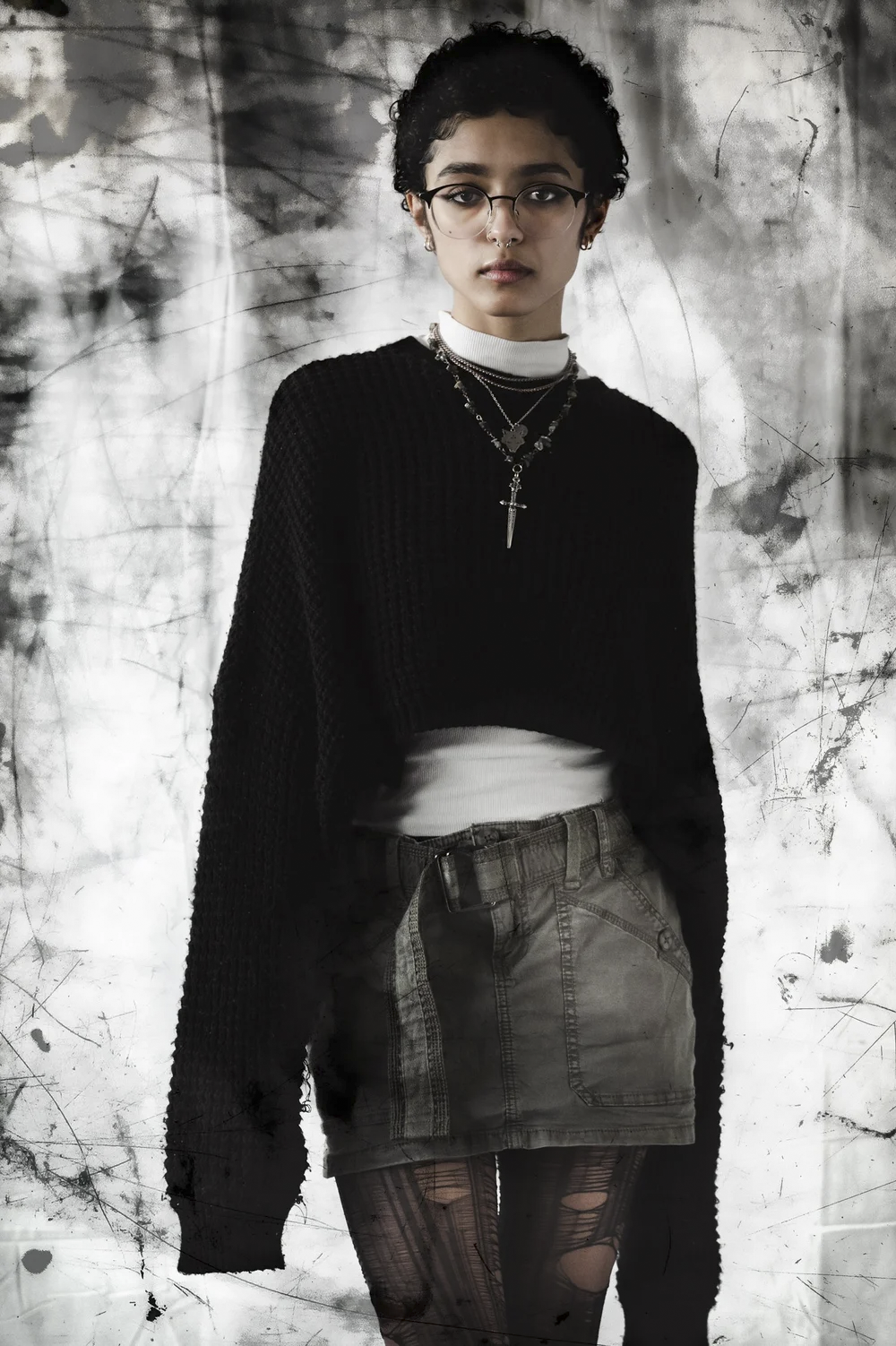 Young woman with short curly hair, glasses, and layered necklaces, wearing a black knit sweater, a white shirt underneath, a camo skirt, and patterned tights.