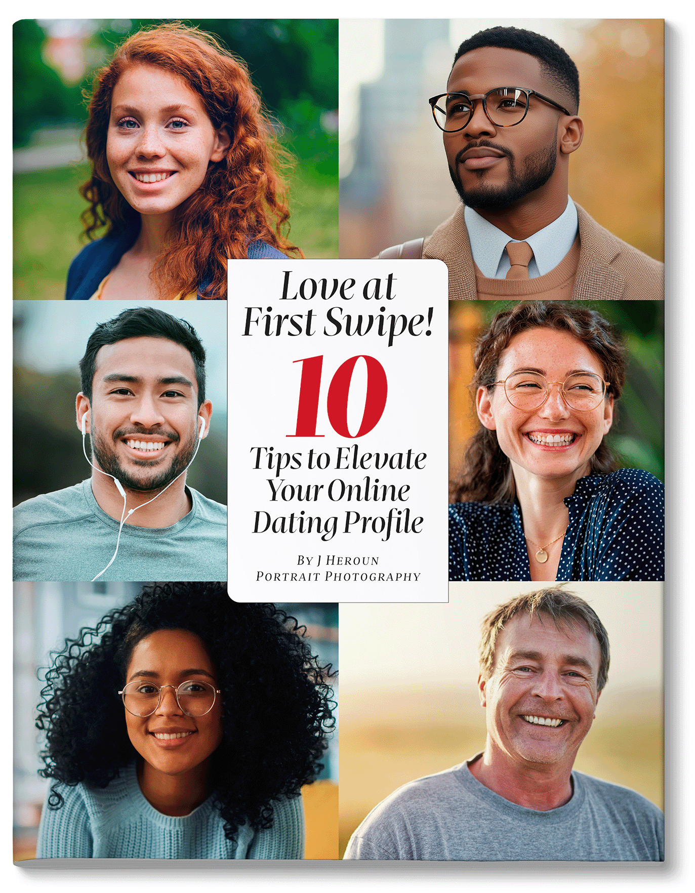 Book cover titled 'Love at First Swipe! features a grid of six candid dating-style portraits.