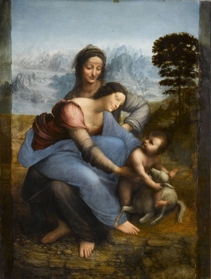 Leonardo da Vinci painting called Saint Anne, featuring two female figures with a child and baby lamb in medieval Italy with mountains in background.