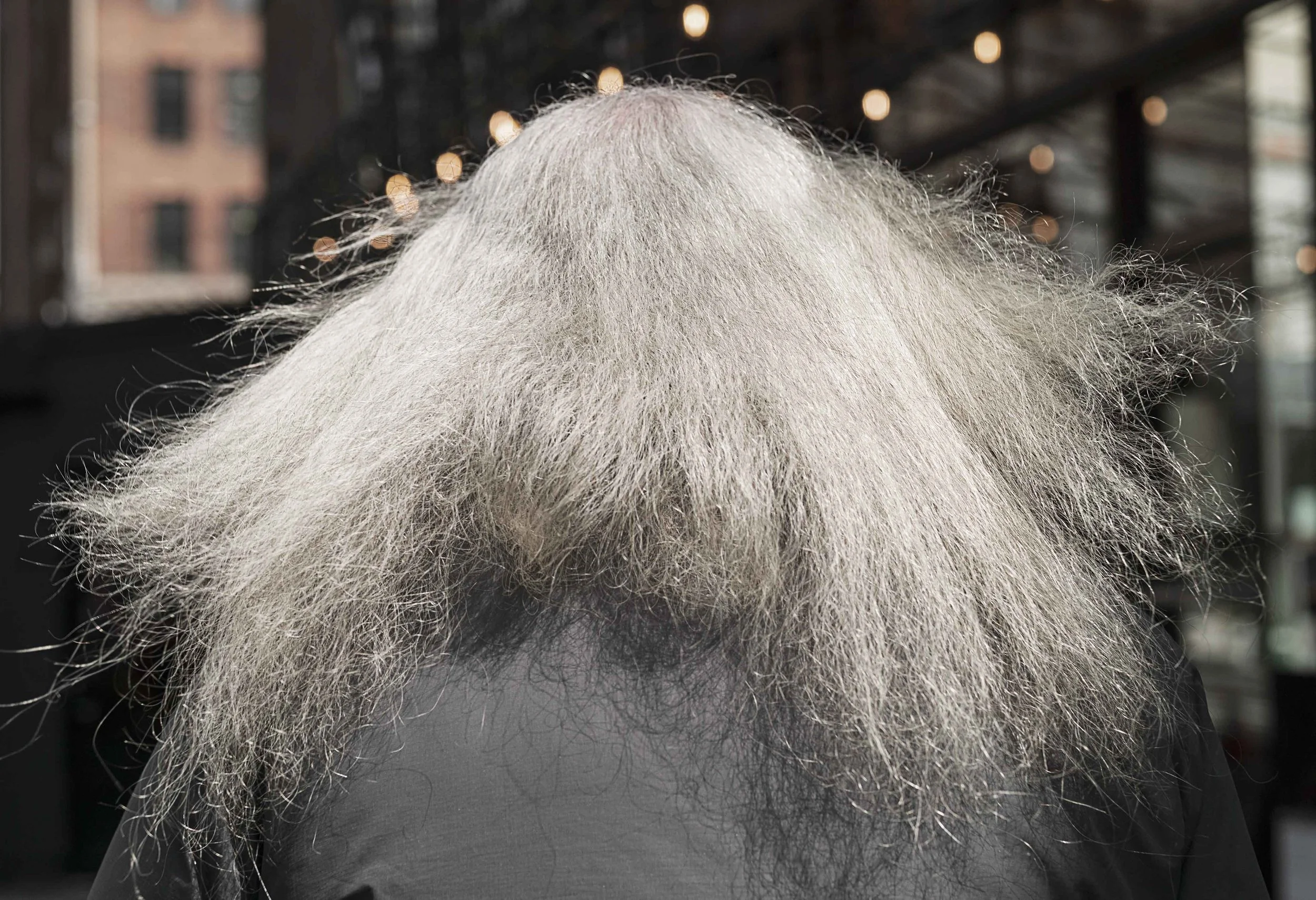 Close-up of an elderly man with long, frizzy, gray hair with a blurred background of buildings and lights.