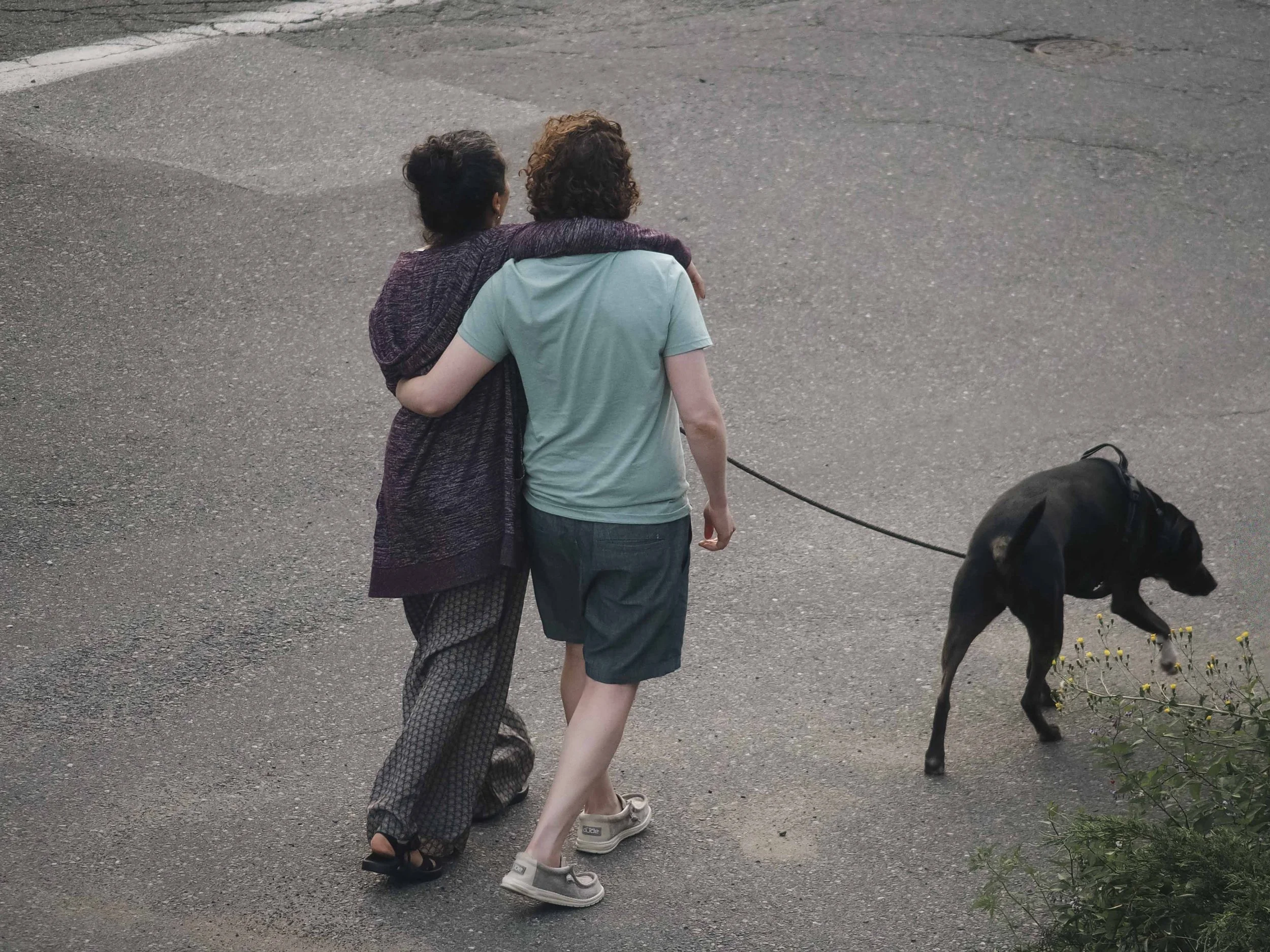 Two people walking on a sidewalk, one with their arm around the other's shoulder, accompanied by a dog on a leash.
