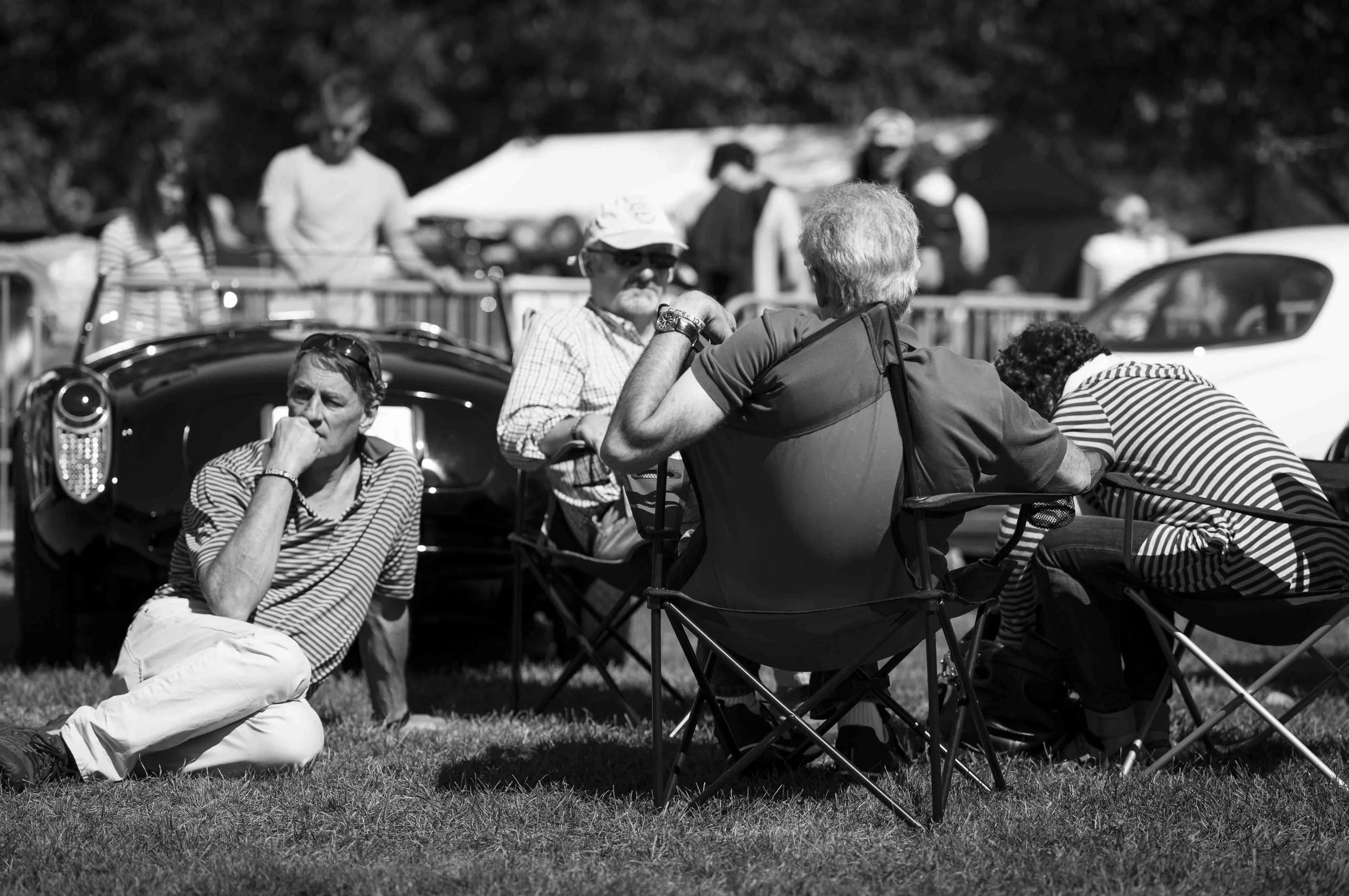 People sitting and standing outdoors in a park, engaging in conversations, with classic cars parked nearby.