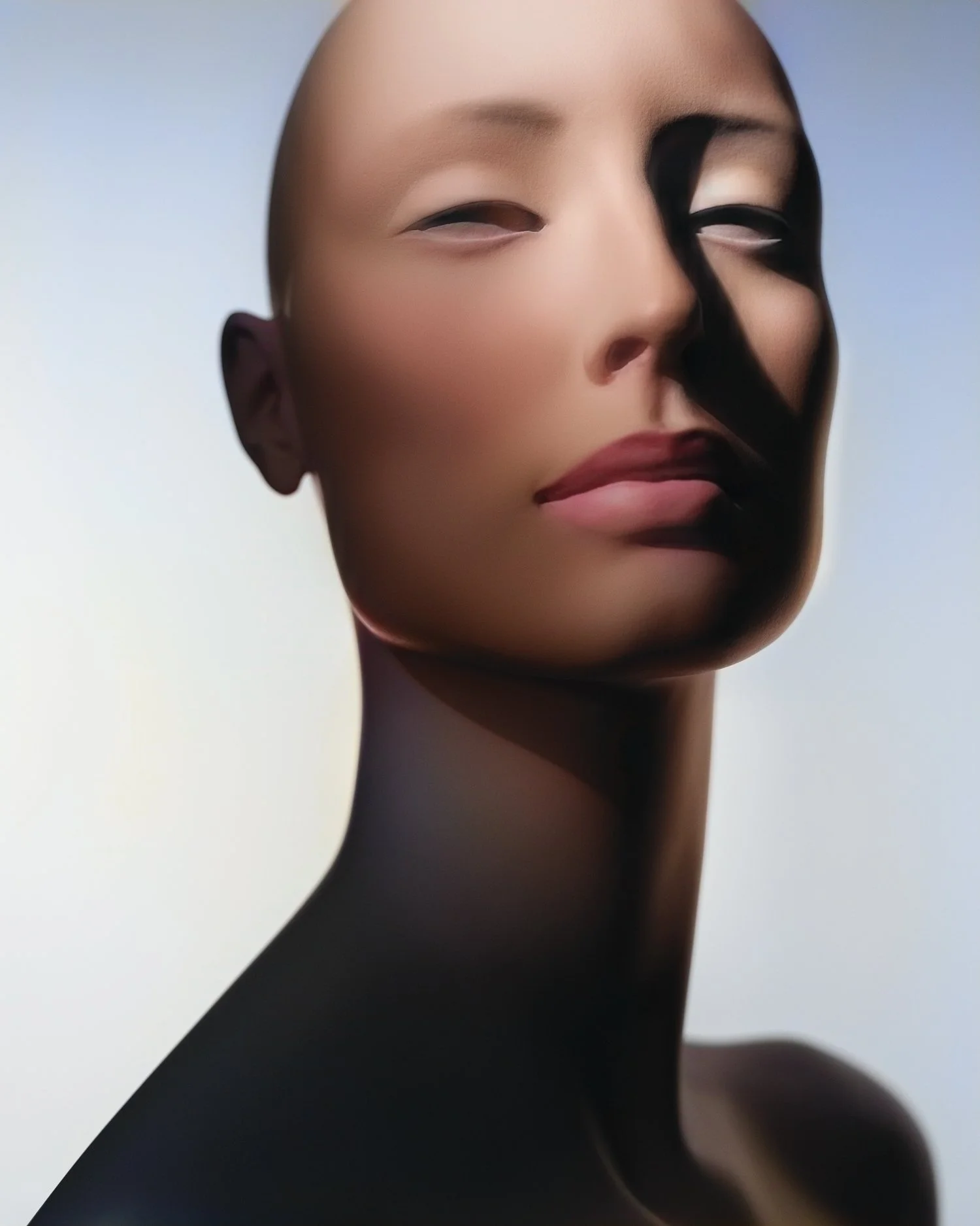 Close-up of a mannequin head with a smooth, light skin tone, featuring faintly visible facial features and a bald scalp, set against a light gradient background.
