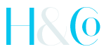 Monogram for Heroun & Company featuring an uppercase H, ampersand, and C with an embedded o in light blue and white.