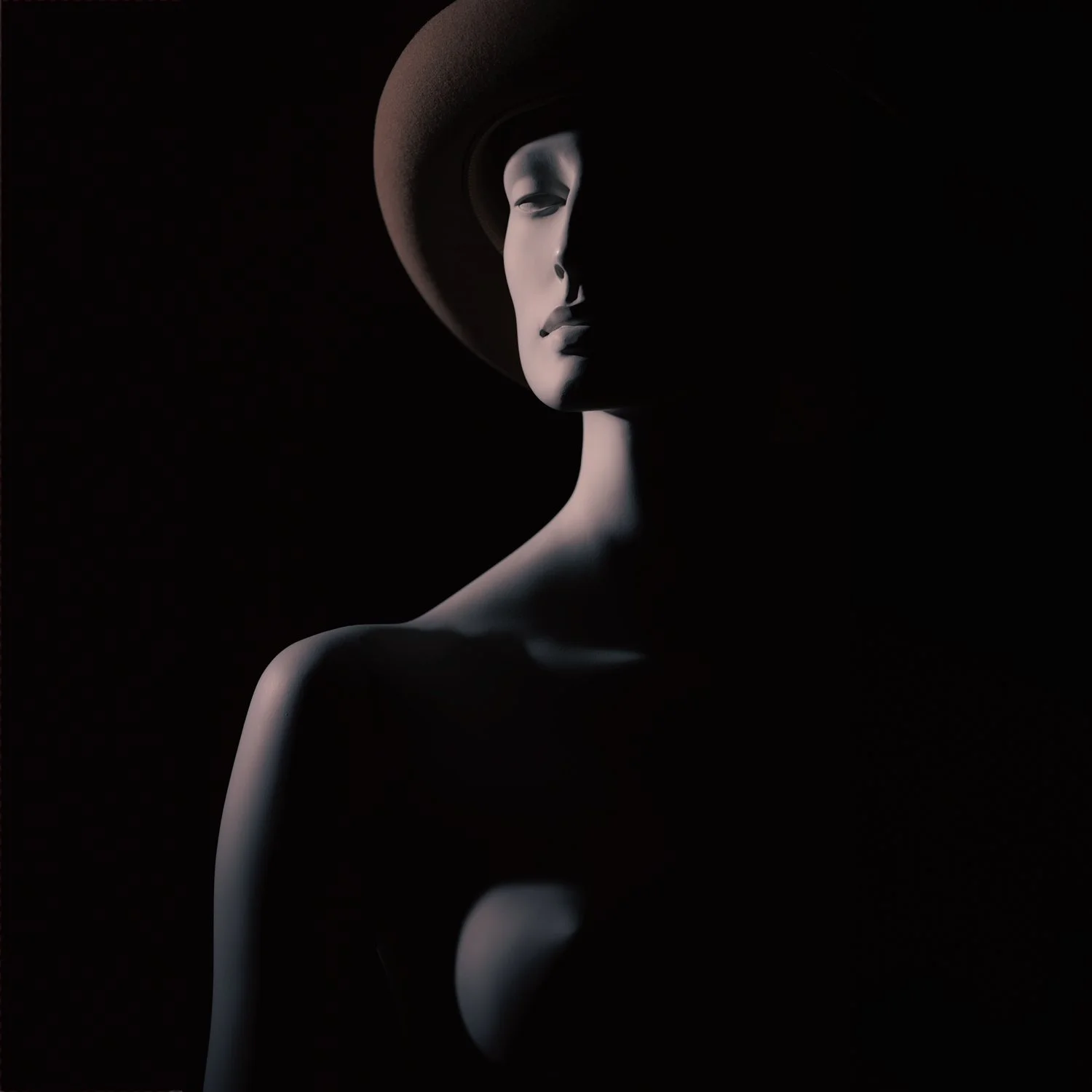 A mannequin head and shoulder with a hat, set against a dark background, partially illuminated to highlight facial features.