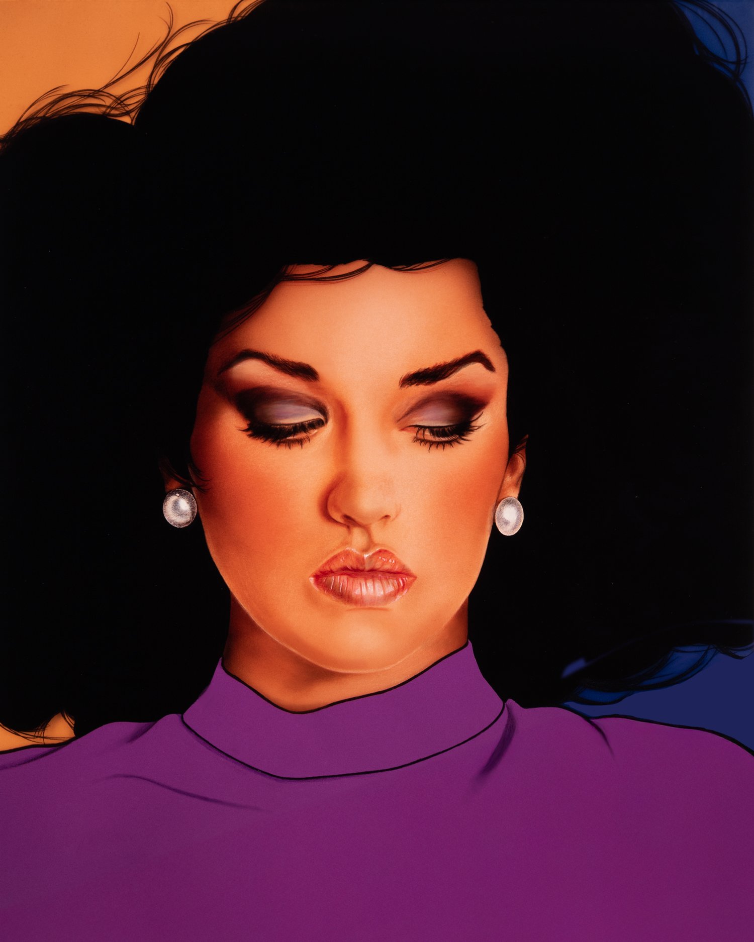 Mixed-media illustrated portrait of former supermodel Janice Dickinson. Skin tones are rendered with airbrush with details in colored pencil with shapes including hair, clothes, and background using colored paper.