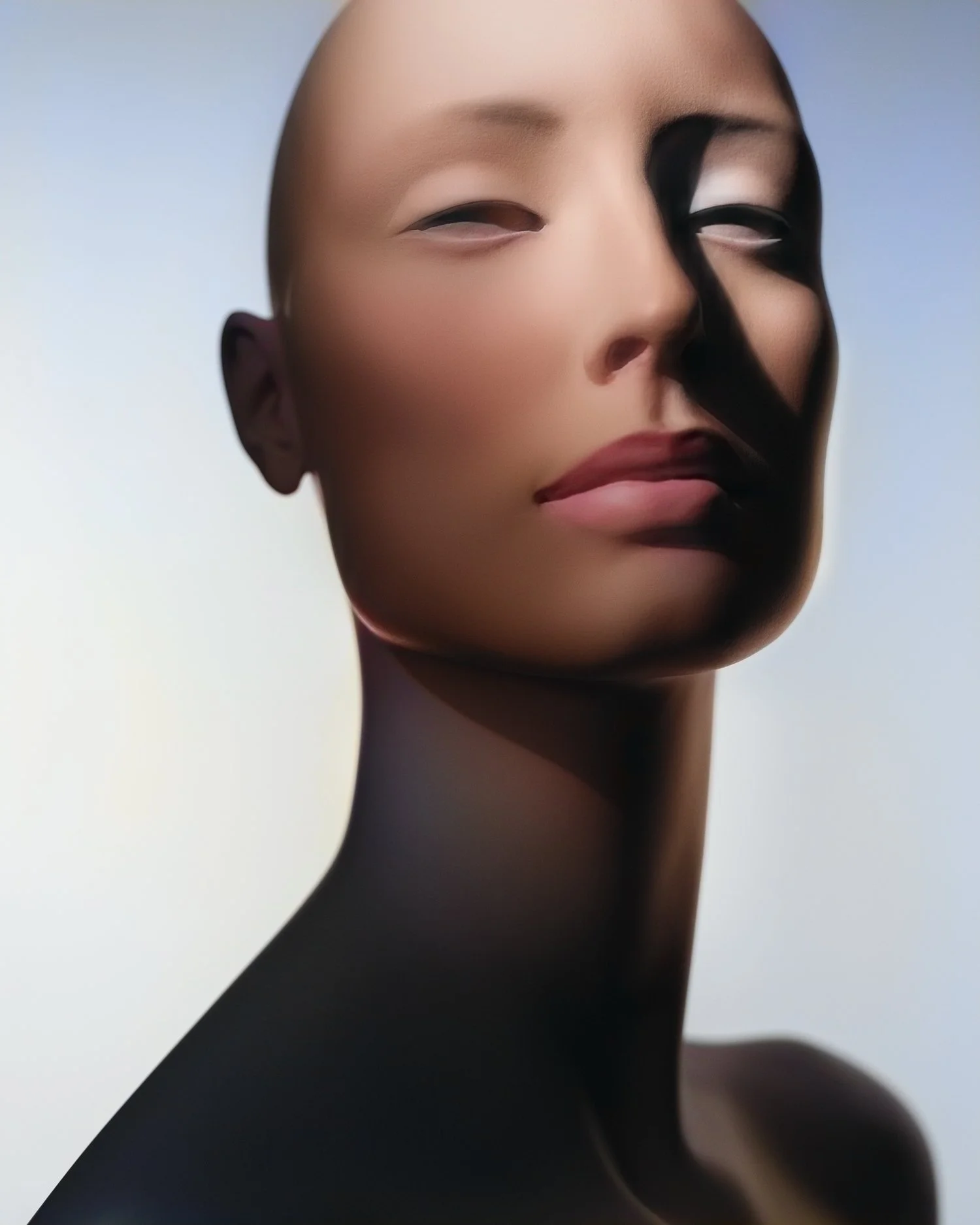 Wide-angle photo of a female mannequin’s face, neck, and shoulders with narrow, hard light casting deep shadows.
