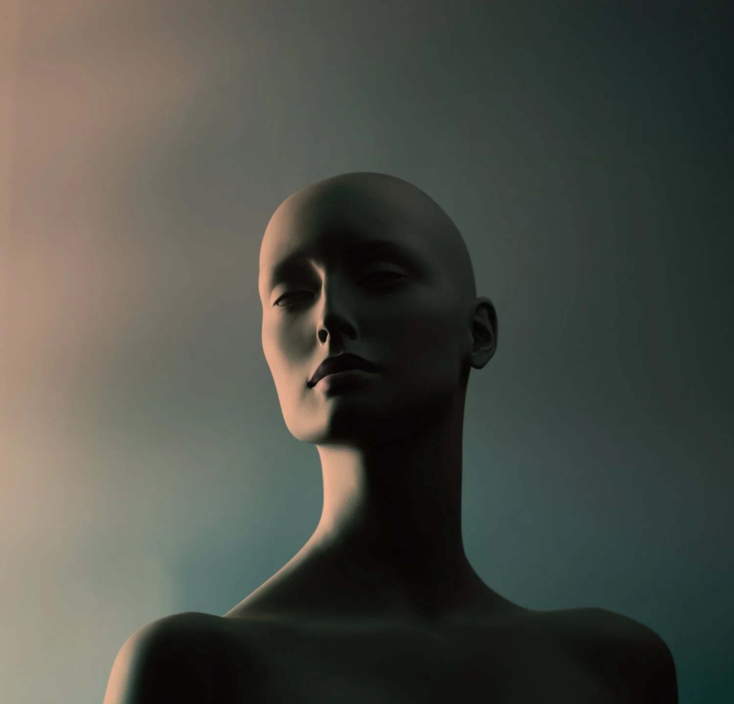 A digital art portrait of a featureless mannequin with a smooth, expressionless face and a bald head, set against a gradient background with soft, muted colors.