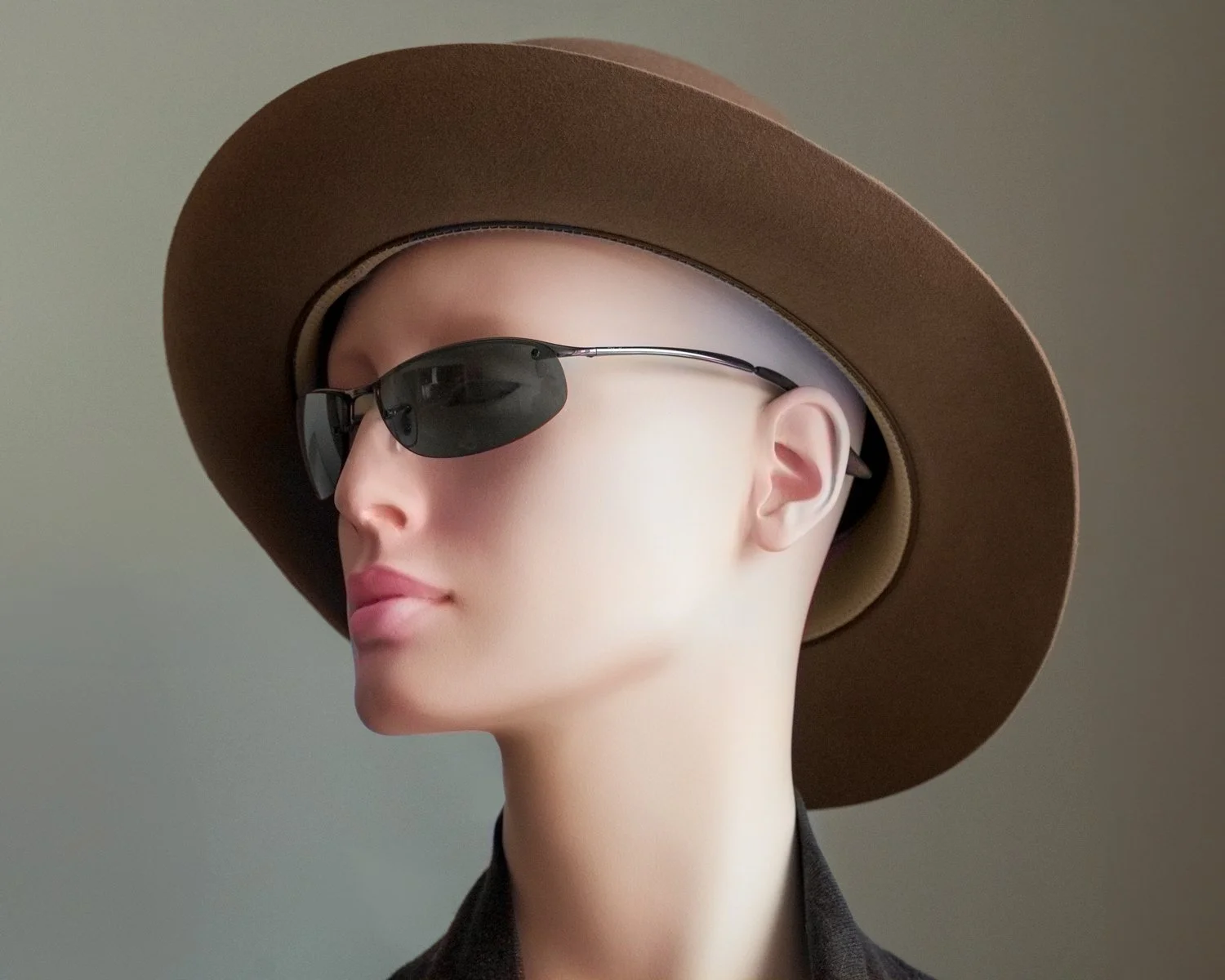 Image of studio mannequin portrait in three-quarter view, with blue-tinted sunglasses and brown fedora.