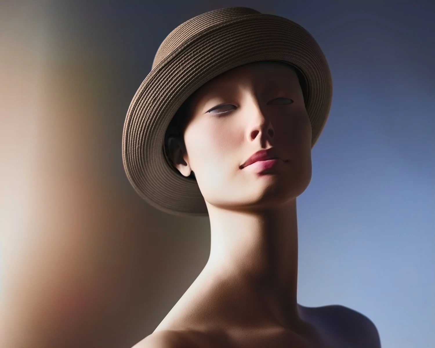 A woman with smooth skin wearing a large, wide-brimmed hat, standing in front of a gradient background blending from beige to blue.
